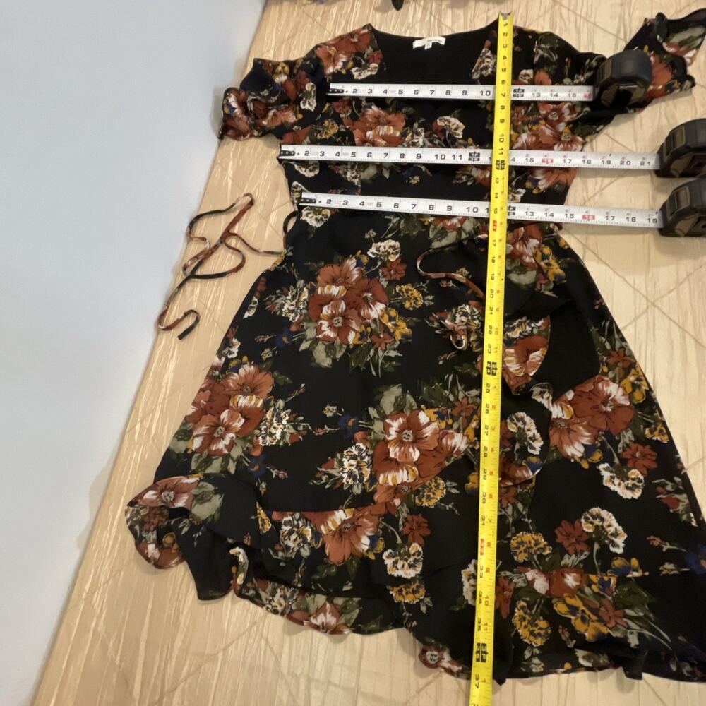 June & Hudson Floral Wrap Dress Women's Size L Black Ruffle Midi Boho V-Neck - Picture 11 of 13